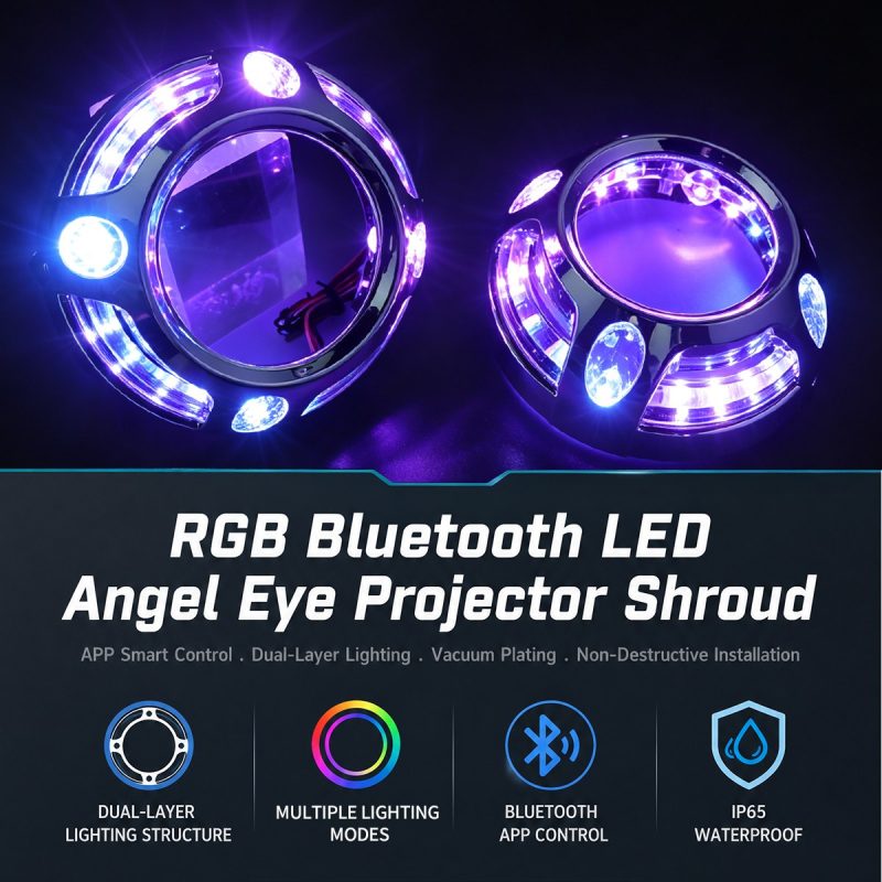 Rgb Bluetooth Led Angel Eye Projector Shroud Feature Overview Ip65 English overview showing dual-layer lighting, Bluetooth app control, multiple lighting modes, and IP65 source reference.