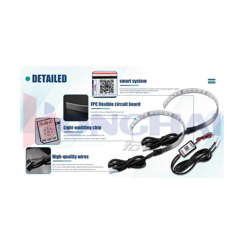 Rgb Demon Eye 360 Degree Led Strip Kit Smart System Detail English source detail showing Bluetooth APP control, FPC flexible circuit board, LED chip, and wire references.