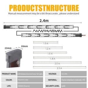 Rgb Flowing Arrow Led Tailgate Light Strip Specification Source specification graphic listing 2.4m main length, 12-24V reference, phantom color, flame-retardant material plus PC, 50,000-hour life, and IP68 r