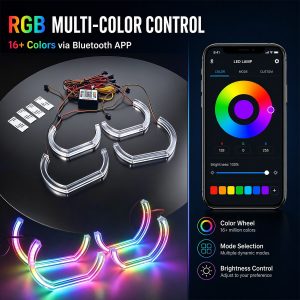 Bluetooth app-control source graphic for color wheel, mode selection, and brightness control.