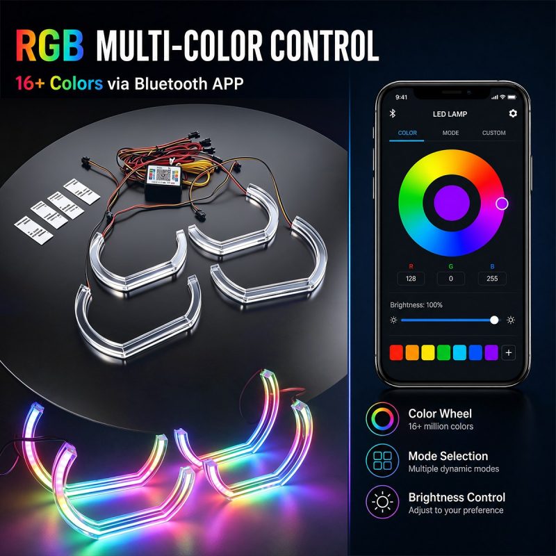 Bluetooth app-control source graphic for color wheel, mode selection, and brightness control.