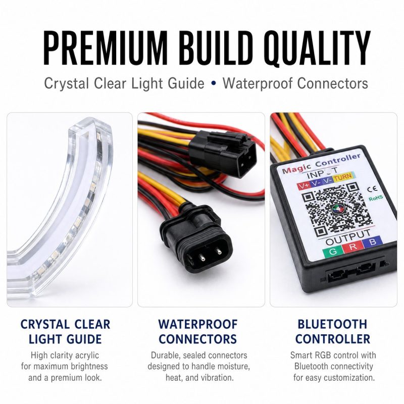 Build and controller detail showing clear light guide body, connector, wiring, and Bluetooth controller reference.