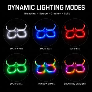 Dynamic lighting mode reference with solid colors, rainbow chase, and breathing gradient source wording.