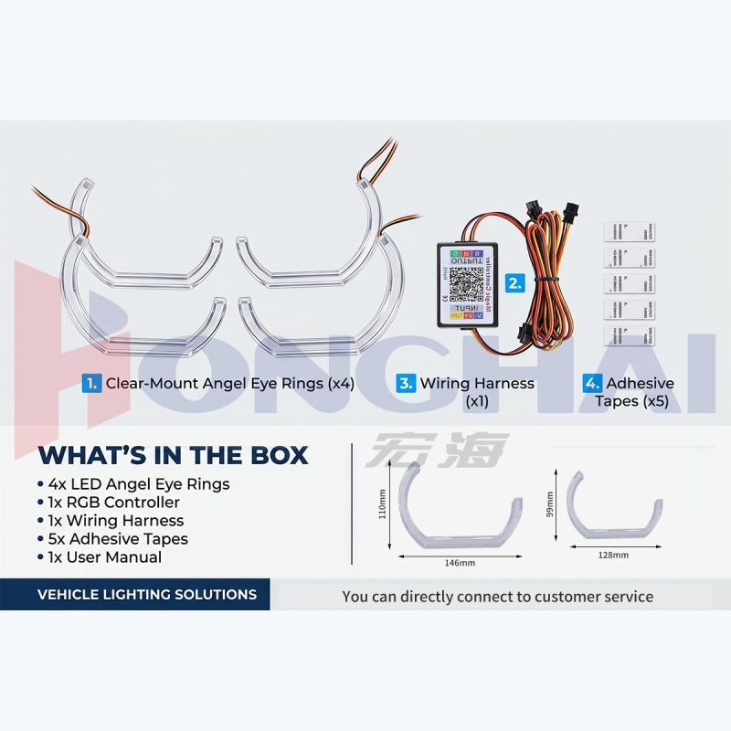 Package contents reference showing light guide rings, RGB controller, wiring harness, adhesive pieces, and manual.