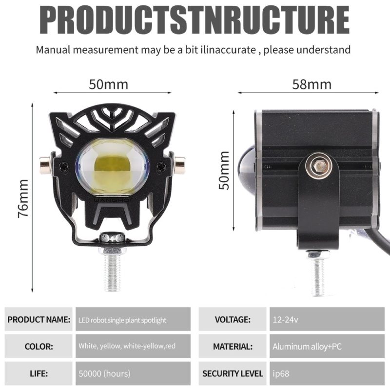 Robot Style Single Lens Led Spotlight Specifications Dimensions Source specification graphic showing 12-24V, IP68, aluminum alloy + PC, 50,000-hour life reference, color references, 50mm width, 76mm height, and 58m
