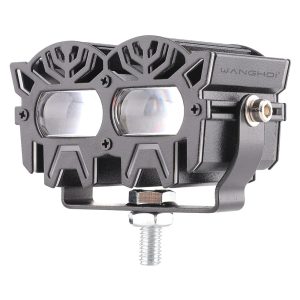 Robot Twin Lens Led Motorcycle Spotlight Angled View Angled view showing the twin lenses, side housing, bracket, and WANGHOI mark.