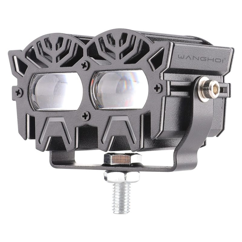 Robot Twin Lens Led Motorcycle Spotlight Angled View Angled view showing the twin lenses, side housing, bracket, and WANGHOI mark.
