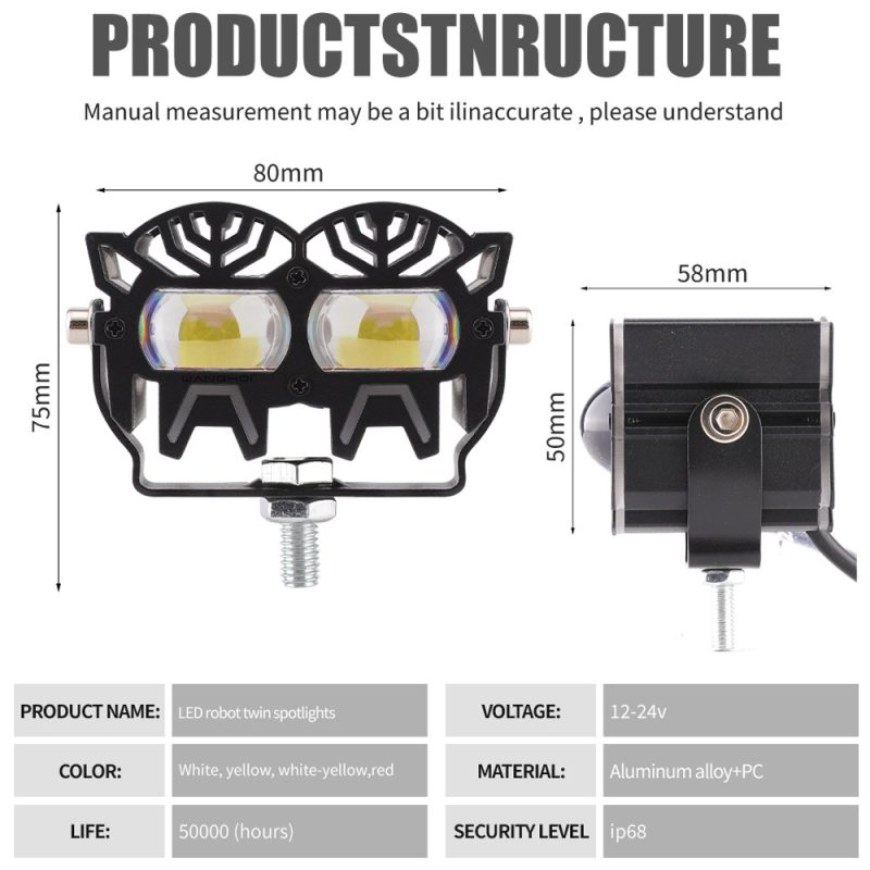 Robot Twin Lens Led Motorcycle Spotlight Specifications Dimensions Source specification image showing 80mm width, 75mm height, 58mm side length, 50mm side height, 12-24V, aluminum alloy + PC, IP68 wording, and 50,000-