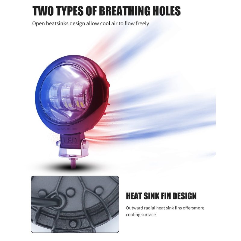 Round 6D Lens Led Work Light Heat Sink Airflow Heat-sink and airflow source reference from the supplied detail graphic.