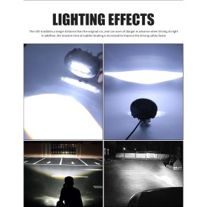 Round 6D Lens Led Work Light Lighting Effects Lighting-effect reference showing white beam and road-lighting examples from the supplied image.