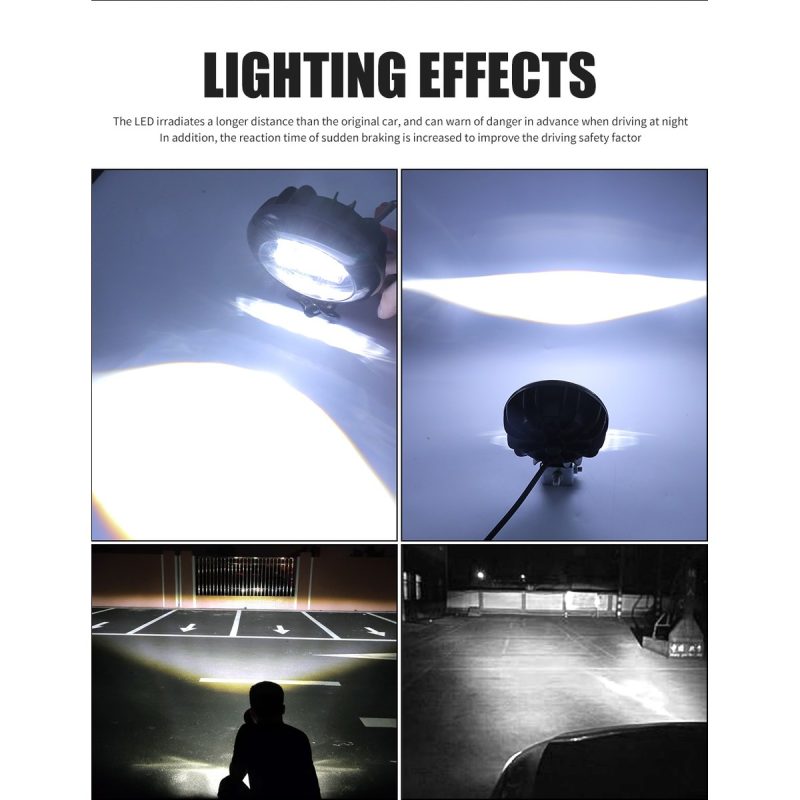 Round 6D Lens Led Work Light Lighting Effects Lighting-effect reference showing white beam and road-lighting examples from the supplied image.