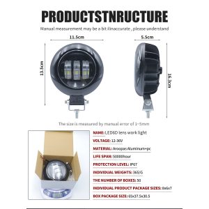 Round 6D Lens Led Work Light Structure Specs Source structure graphic showing 12-36V, IP67, 11.5cm width, 13.5cm height, 5.5cm depth, and 365g references.