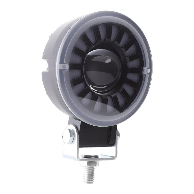 Round Rgb Angel Eye Led Work Light Angled Front Angled front view showing the round halo trim, center lens, and bracket mount.