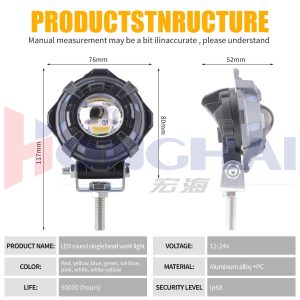 Round Single Bead Led Work Light Specification Specification source graphic showing dimensions, 12-24V, color options, material, life, and IP68 wording.