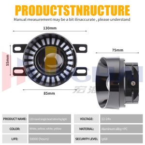 Round Single Bead Zebra Led Fog Light Black Ear Specs Black side-ear variant source graphic showing 130mm, 85mm, 55mm, 75mm, 12-24V, and IP68 wording.