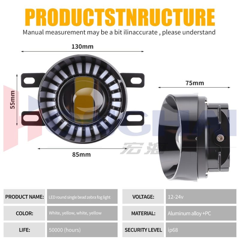 Round Single Bead Zebra Led Fog Light Black Ear Specs Black side-ear variant source graphic showing 130mm, 85mm, 55mm, 75mm, 12-24V, and IP68 wording.