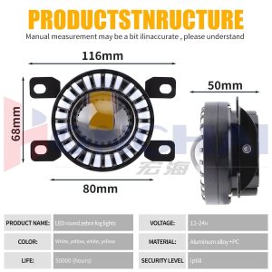 Round Single Bead Zebra Led Fog Light Silver Ear Specs Silver side-ear variant source graphic showing 116mm, 80mm, 68mm, 50mm, 12-24V, and IP68 wording.