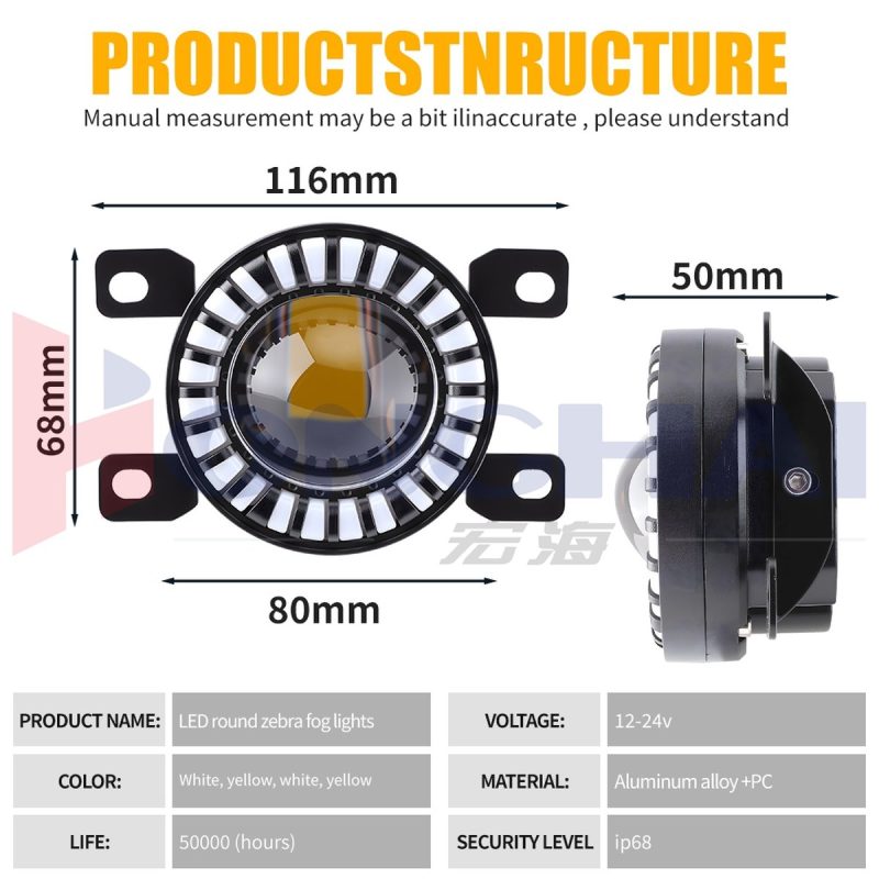 Round Single Bead Zebra Led Fog Light Silver Ear Specs Silver side-ear variant source graphic showing 116mm, 80mm, 68mm, 50mm, 12-24V, and IP68 wording.