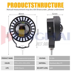 Round Single Bead Zebra Led Fog Light Small Specs Small variant source graphic showing 80mm, 102mm, 125mm, 51mm, 12-24V, and IP68 wording.
