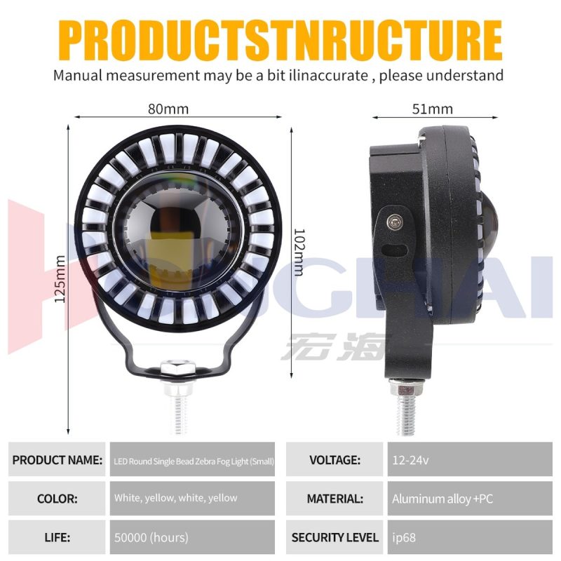 Round Single Bead Zebra Led Fog Light Small Specs Small variant source graphic showing 80mm, 102mm, 125mm, 51mm, 12-24V, and IP68 wording.