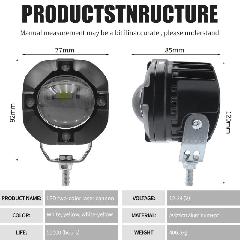 Round Two Color Laser Cannon Led Spotlight Structure Specs Source structure graphic showing 12-24V, 77mm face width, 92mm face height, 85mm depth, 120mm overall side-height, and 406.5g references.