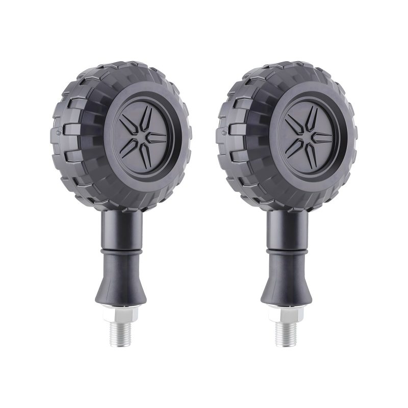 Round Wheel Style Motorcycle Led Drl Turn Signal 03 Side Product Pair View Side view showing housing thickness and mounting stem.