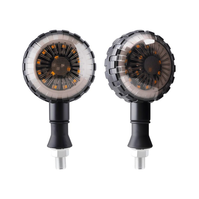Round Wheel Style Motorcycle Led Drl Turn Signal 05 Angled Product Pair View Angled product-only view showing front and side structure.