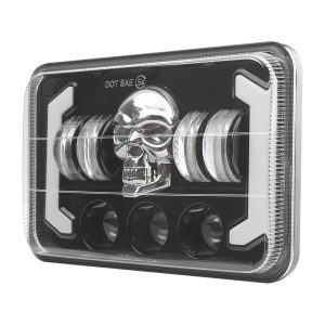 Seven Bead Skull 7 Inch Square Led Projector Headlight Angled Angled product view showing the square lens, skull pattern, and side LED modules.