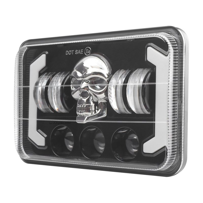 Seven Bead Skull 7 Inch Square Led Projector Headlight Angled Angled product view showing the square lens, skull pattern, and side LED modules.