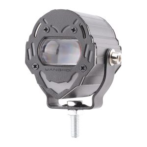 Angled view showing the single convex lens, side housing, and bracket mount.