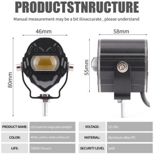 Source specification image showing 46mm front width, 80mm overall height, 58mm body depth, 55mm body height, 12-24V, aluminum alloy + PC, IP68 wording