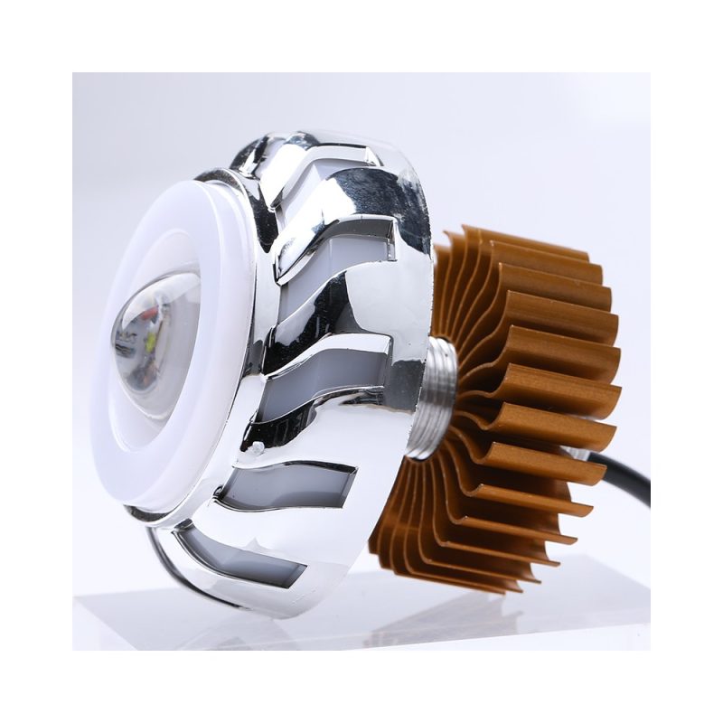 Silver Turbine Angel Eye Led Projector Light Angled View Angled source image showing the silver front trim, projector lens, threaded body, and rear cooling fin.