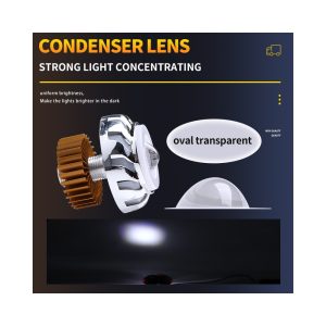 Silver Turbine Angel Eye Led Projector Light Condenser Lens Source graphic showing condenser lens wording and light concentration reference.
