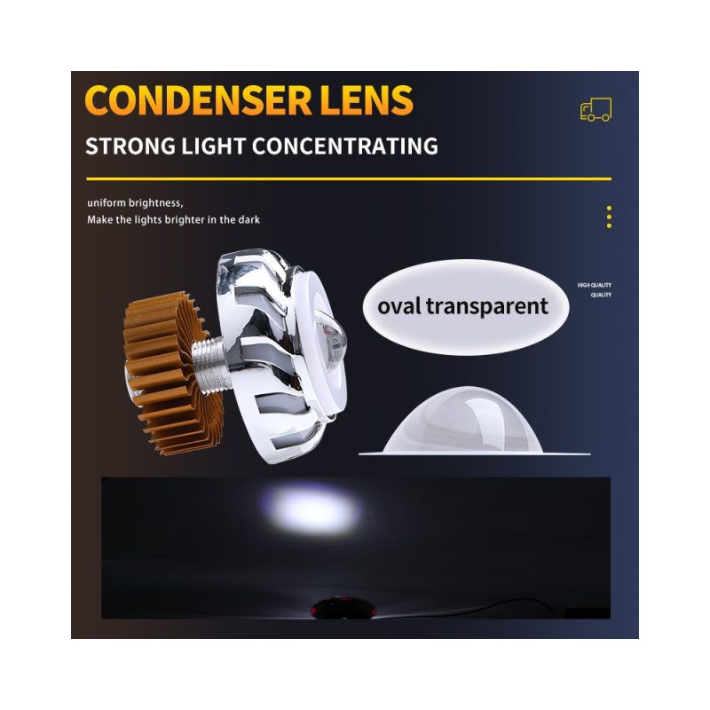 Silver Turbine Angel Eye Led Projector Light Condenser Lens Source graphic showing condenser lens wording and light concentration reference.