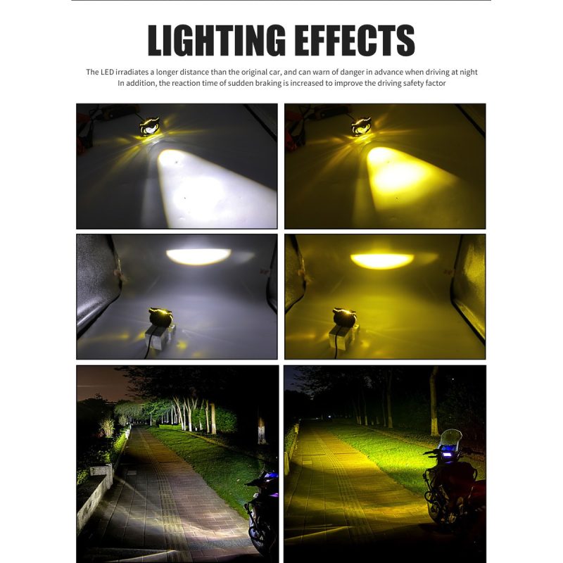Single Lens Owl Led Motorcycle Spotlight Lighting Effects Lighting-effect reference showing white/yellow output examples from the supplied image.