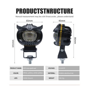 Single Lens Owl Led Motorcycle Spotlight Structure Specs Source structure graphic showing 12-24V, 65mm width, 101mm height, 45mm depth, 86mm side height, and 166.5g references.