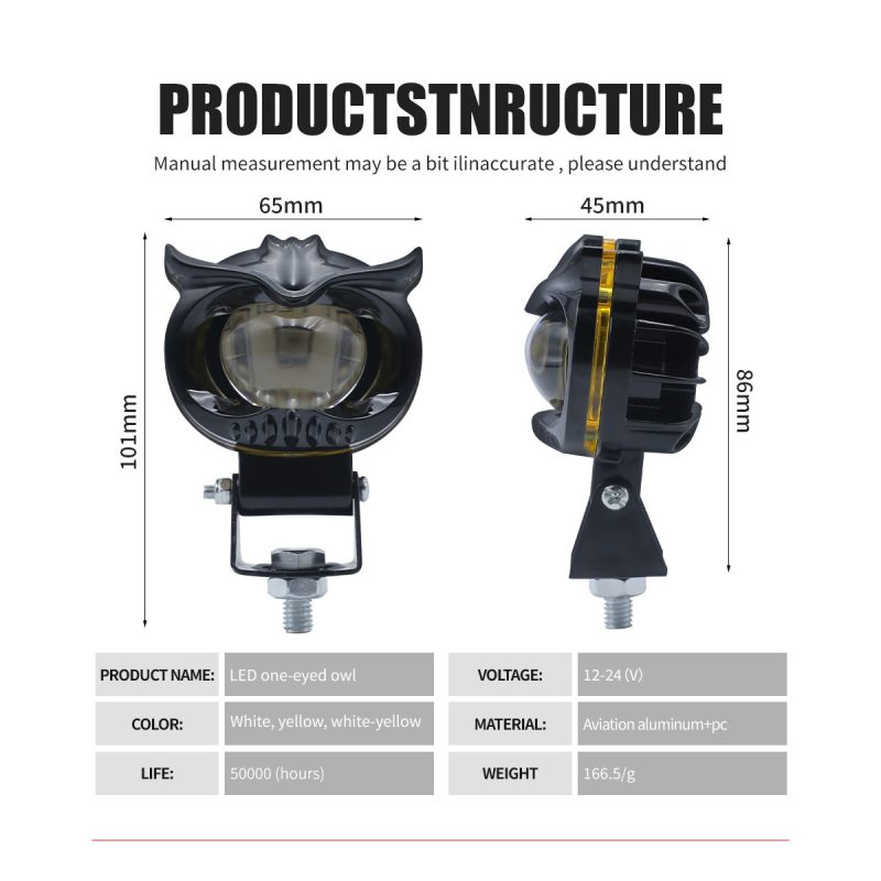 Single Lens Owl Led Motorcycle Spotlight Structure Specs Source structure graphic showing 12-24V, 65mm width, 101mm height, 45mm depth, 86mm side height, and 166.5g references.
