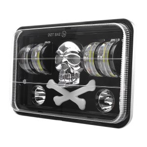 Six Bead Skull 7 Inch Square Led Projector Headlight Angled Angled product view showing the square lens, skull pattern, and side LED modules.
