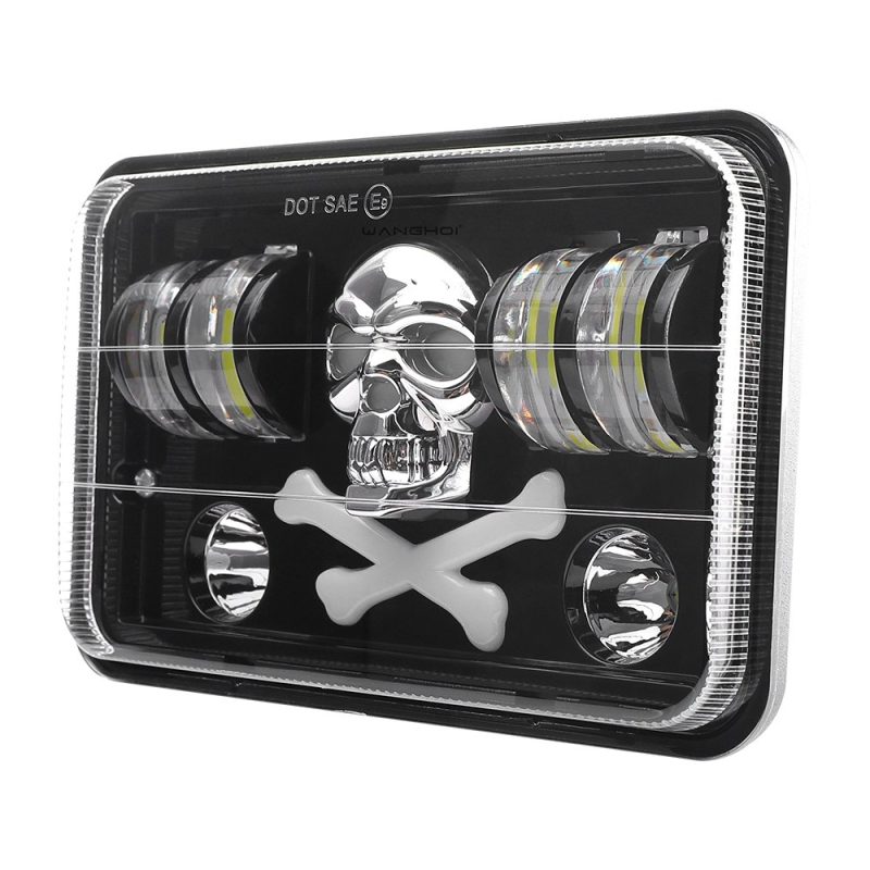 Six Bead Skull 7 Inch Square Led Projector Headlight Angled Angled product view showing the square lens, skull pattern, and side LED modules.