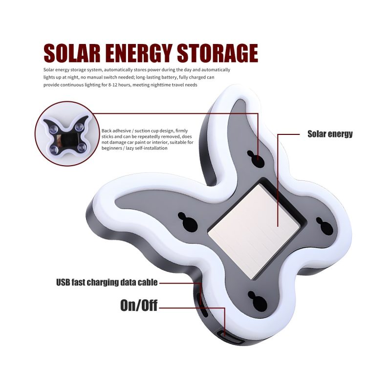 Solar Butterfly Led Car Decorative Light Solar Energy Storage Source graphic showing solar energy storage and switch direction.
