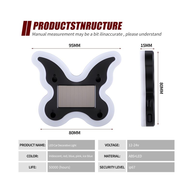 Solar Butterfly Led Car Decorative Light Specification Source specification graphic showing 12-24V, ABS+LED material, IP67 reference, 50000-hour life reference, and 95mm/80mm/15mm size references.