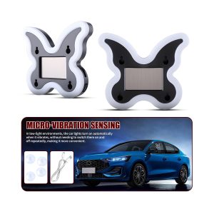 Solar Butterfly Led Car Decorative Light Vibration Sensing Source graphic showing micro-vibration sensing and mode-switch direction.