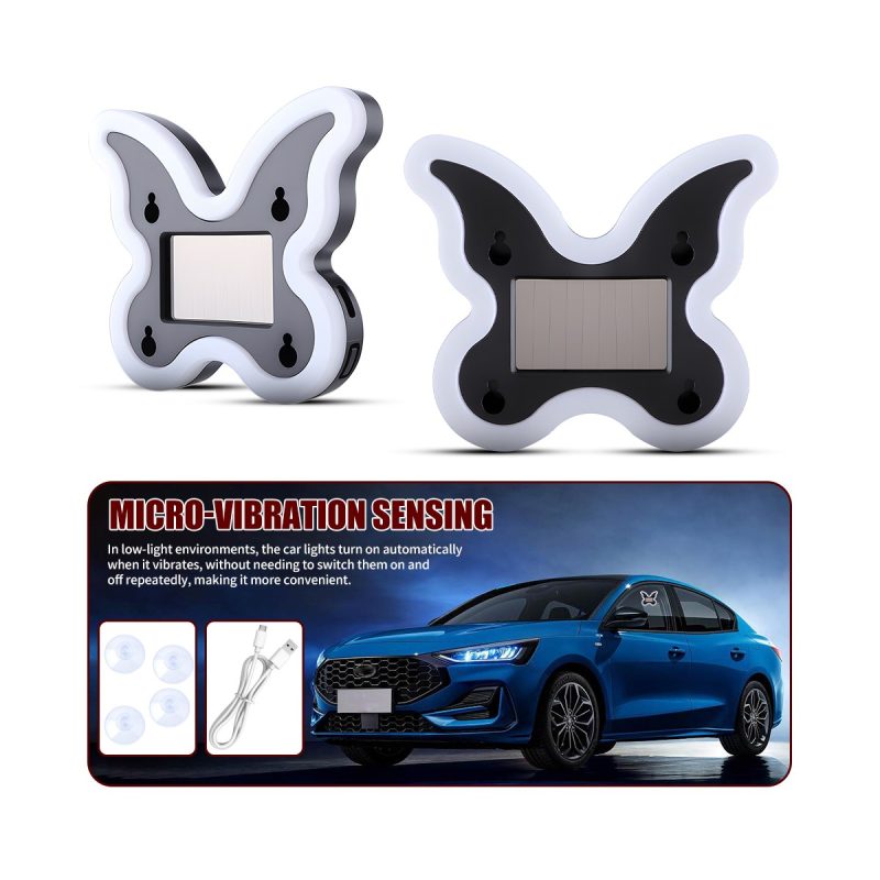 Solar Butterfly Led Car Decorative Light Vibration Sensing Source graphic showing micro-vibration sensing and mode-switch direction.