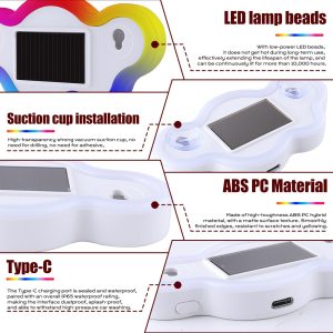 Solar Cloud Shape Rgb Car Window Led Display Light Feature Details Source feature image showing LED lamp heads, suction cup installation, ABS PC material wording, and Type-C port reference.