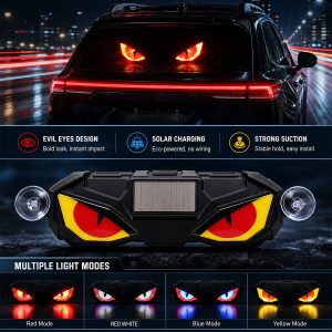 Solar Demon Eye Led Warning Ambient Light Feature Overview English feature overview showing demon eye design, solar charging, suction cup mounting, and lighting mode references.