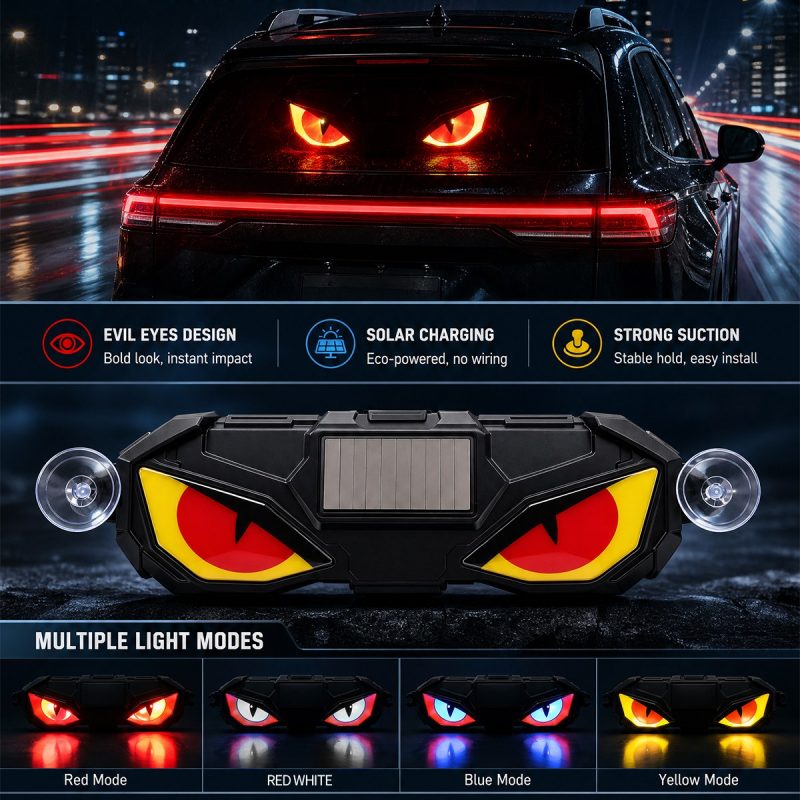Solar Demon Eye Led Warning Ambient Light Feature Overview English feature overview showing demon eye design, solar charging, suction cup mounting, and lighting mode references.