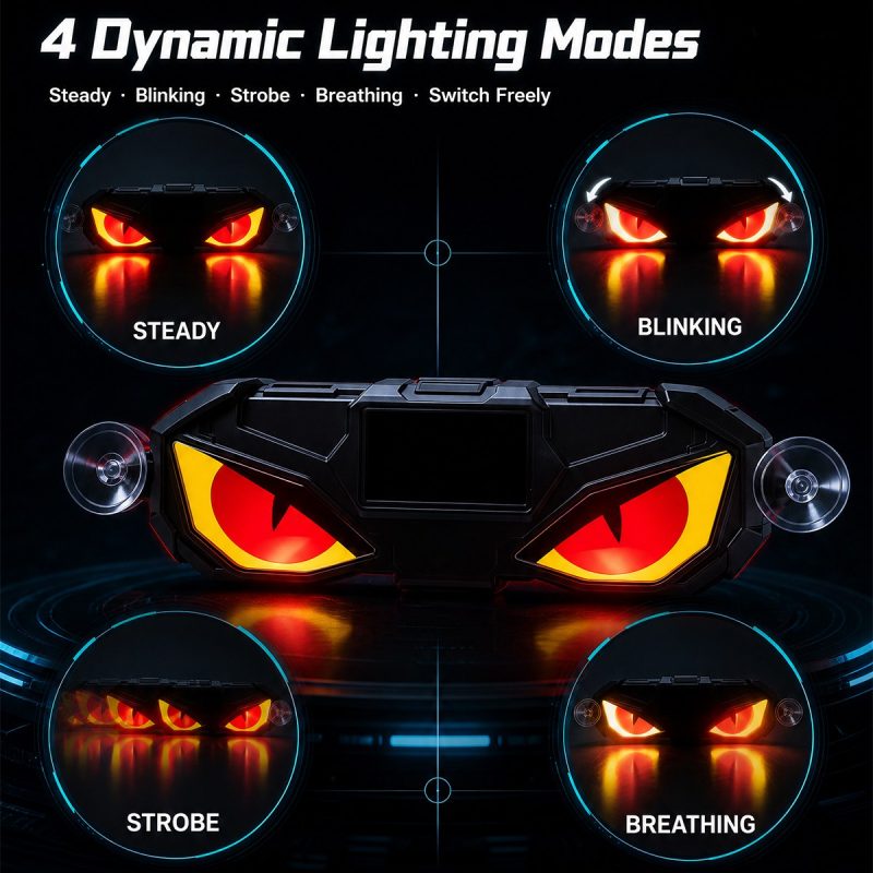 Solar Demon Eye Led Warning Ambient Light Four Modes English source graphic showing steady, blinking, strobe, and breathing lighting mode references.
