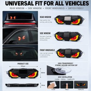 Solar Demon Eye Led Warning Ambient Light Installation Size Installation and size reference showing rear-window, side-window, front-windshield, suction cup, and 155 x 45 x 14 mm size.