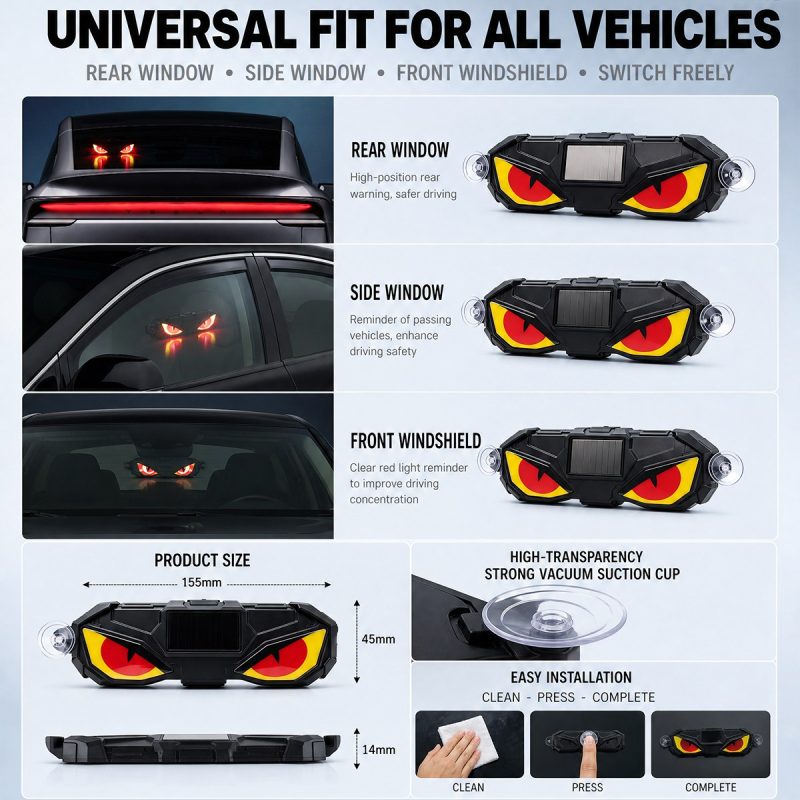 Solar Demon Eye Led Warning Ambient Light Installation Size Installation and size reference showing rear-window, side-window, front-windshield, suction cup, and 155 x 45 x 14 mm size.