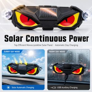 Solar Demon Eye Led Warning Ambient Light Solar Usb Charging Source graphic showing solar automatic charging and USB auxiliary charging references.